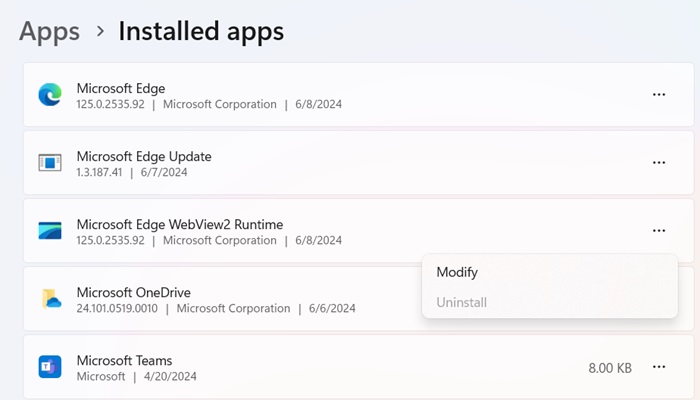 Uninstall disabled for Edge WebView.