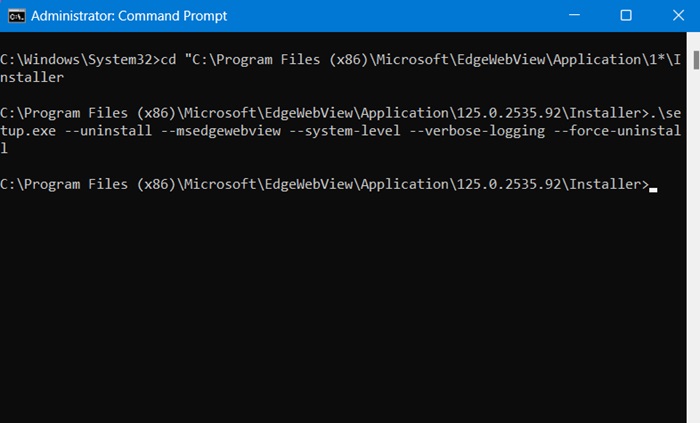 Uninstalling WebView2 using Command Prompt.