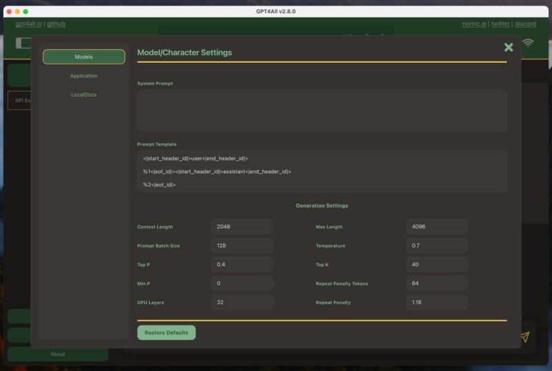 Gpt4all Model Settings