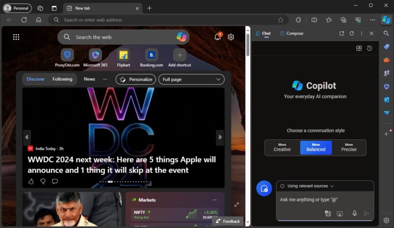 Microsoft Edge browser home page