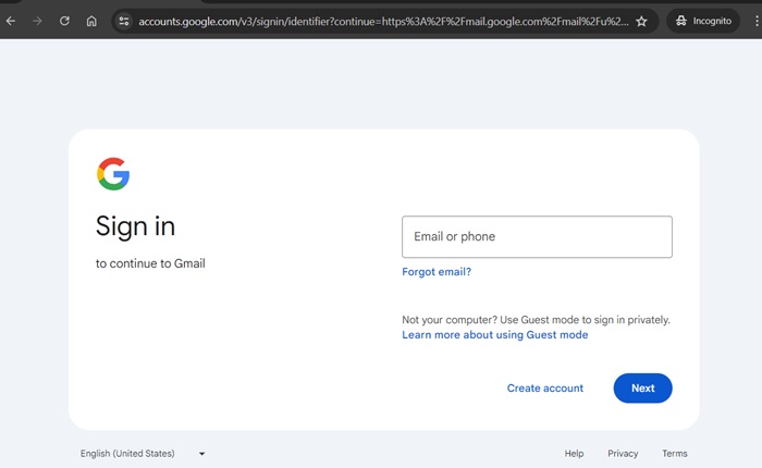 Accessing Gmail on a Chrome incognito browser.
