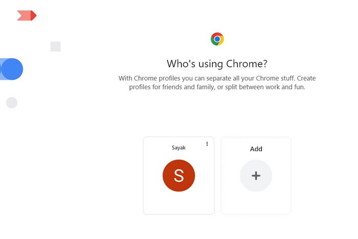 "Who's using Chrome" page visible through the Gmail browser window.