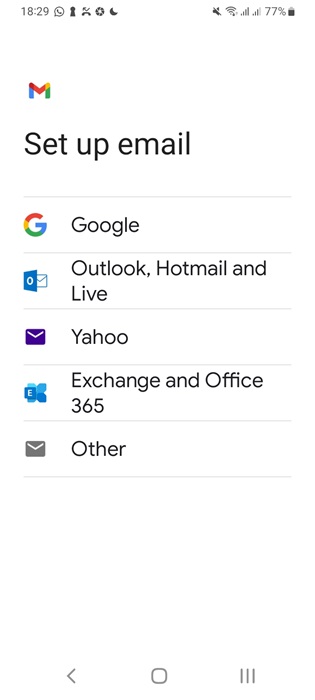 "Set up email" screen for Gmail App on an Android device.