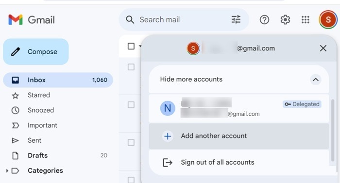 "Add another account" feature in Gmail web browser.