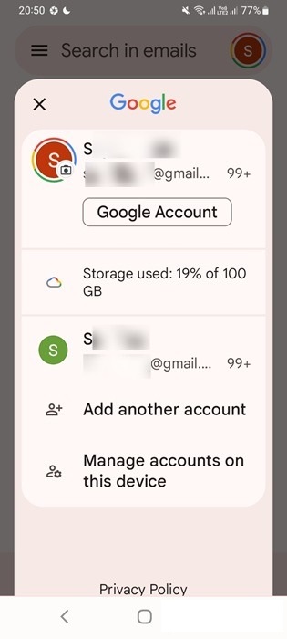 "Manage accounts on this device" option for multiple Gmail accounts on Android.