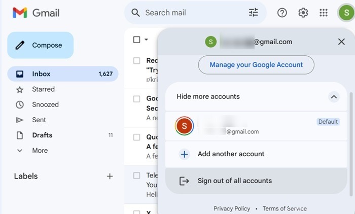 "Sign out of all accounts" option in Gmail.