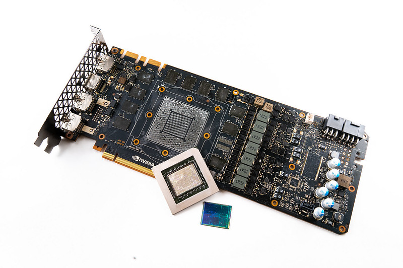 A graphics card showing the GPU and VRAM