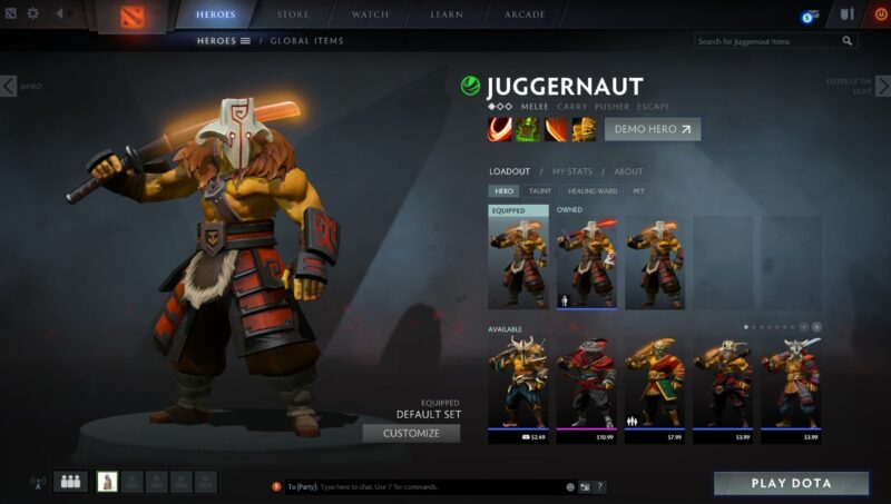 Screenshot from Dota 2 showing the character screen for Juggernaut