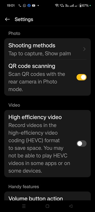 Android 14 camera's QR code scanning function enabled.
