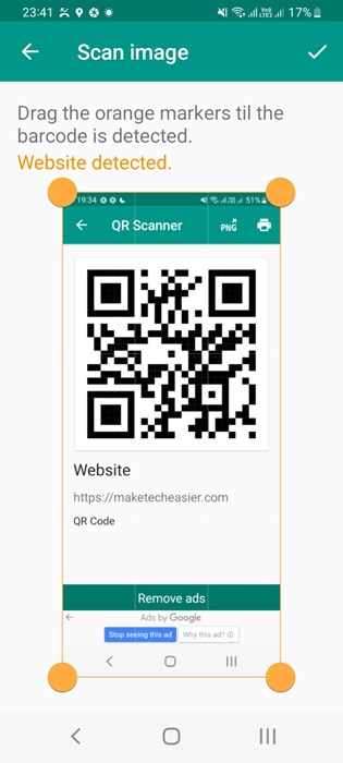 "QR & Barcode Reader" app detects a website using its scanned QR code.