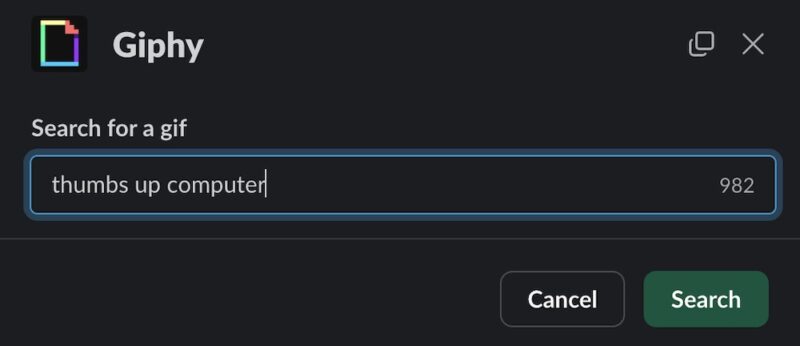 Search for a GIF using the Giphy integration in Slack