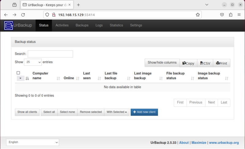 Access UrBackup Server Via Web interface by typing your http://<your_IP>:55414 in the web browser