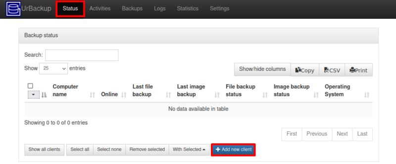 Click on the Status > Add new client button to add a Urbackup Client.