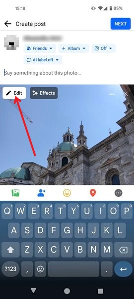 Tapping on Edit button in Create post screen in Facebook app. 