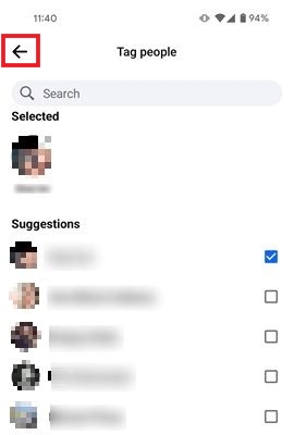 Selecting person to tag in Facebook mobile app. 