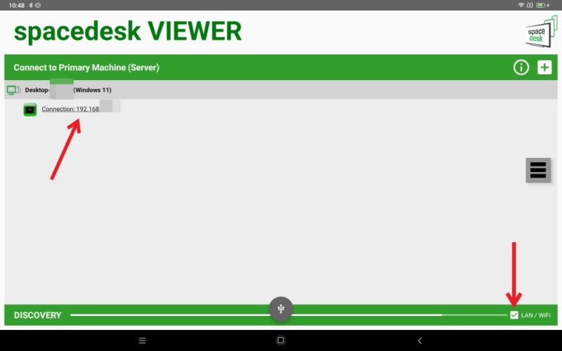 Tapping on PC IP address in Spacedesk app on Android tablet.