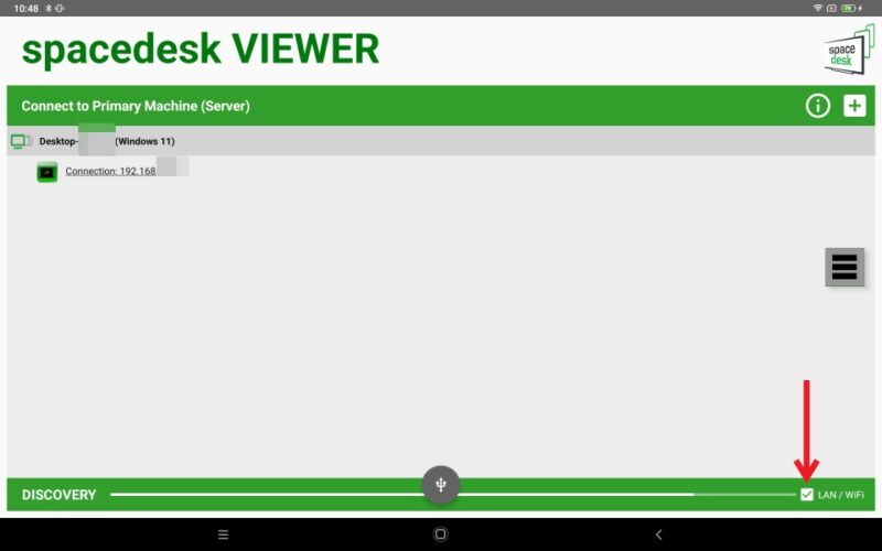 Enabling "LAN/WiFi" option in Spacedesk app on Android tablet.