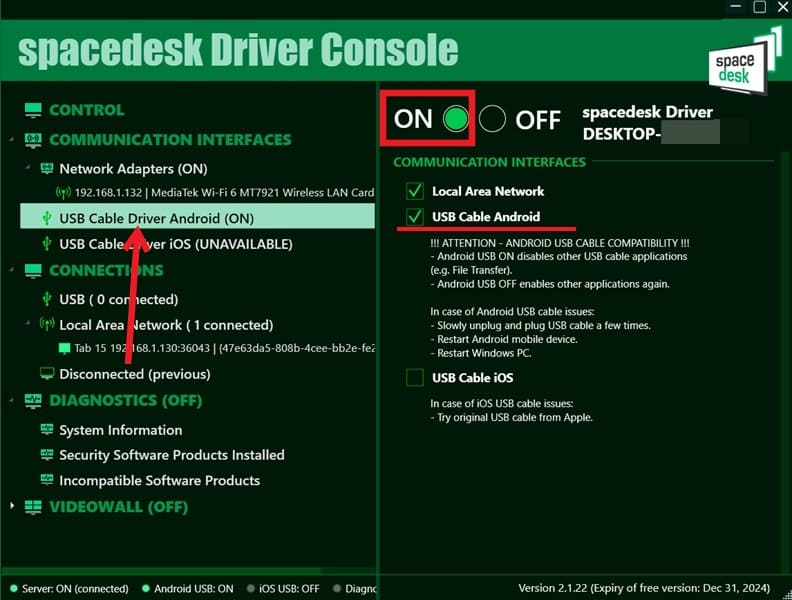Activating "USB Cable Android" option in Spacedesk on PC. 