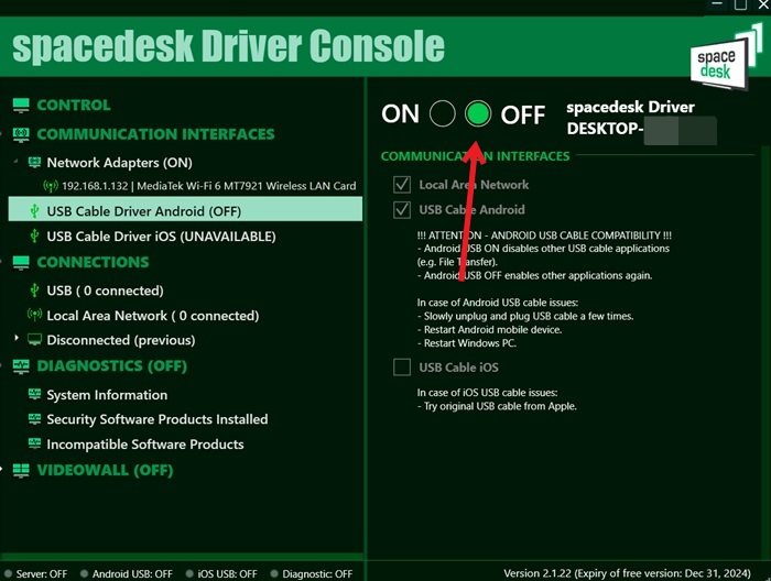 Switching to OFF in Spacedesk on PC.