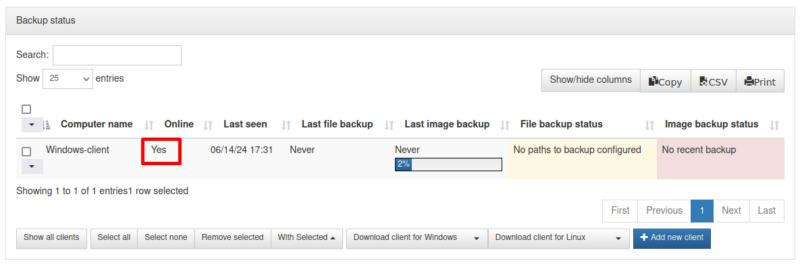 Urbackup Windows Client status is Yes and the Last image backup is in progress.