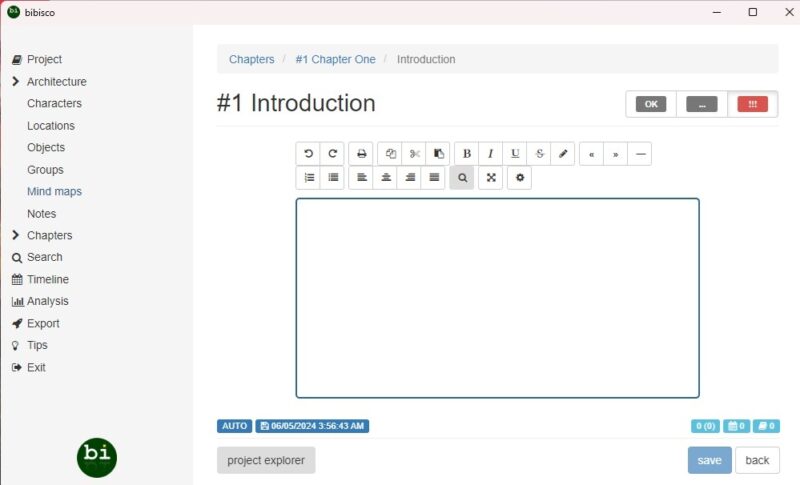 Creating a new scene for a chapter in bibisco.