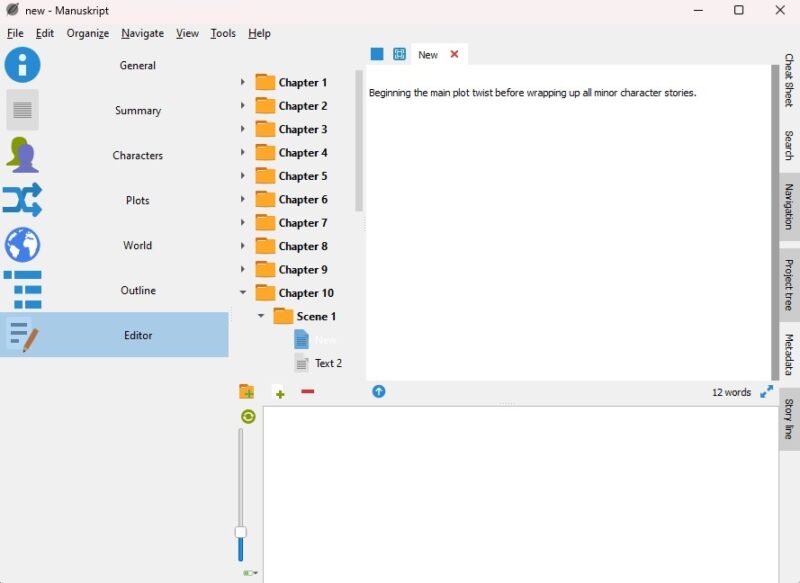 The best free open source free Scrivener alternative, Manuskript's, editor window with chapters outlined.