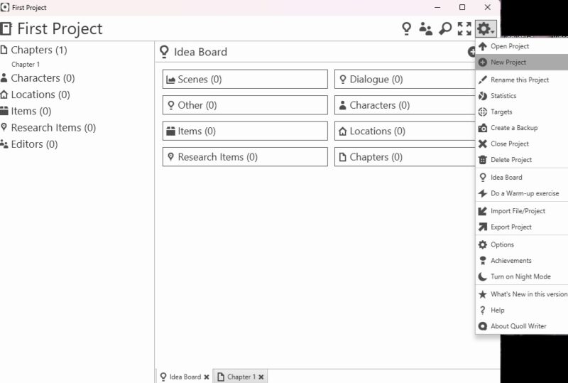 Creating an idea board in Quoll Writer.