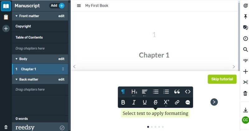 Setting up chapter one in Reedsy Book Editor online.