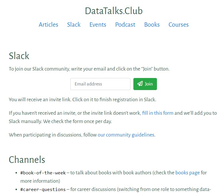 Details on joining the DataTalks.Club Slack community.