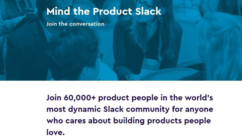 Mind the Product signup page for the free Slack community.