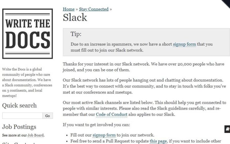 Details for joining the Write the Docs Slack community.
