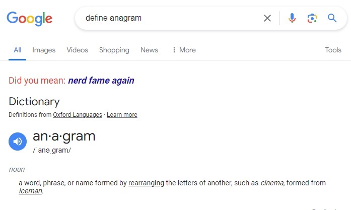 Searching for anagram on Google.