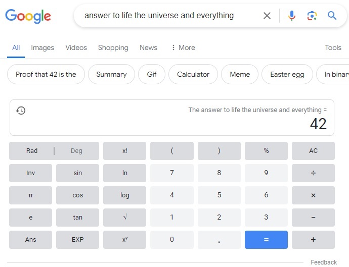 Trying the Google Easter egg to find the answer to life.