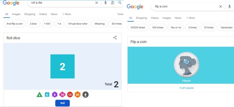 Making decisions in Google by flipping coins or rolling dice.