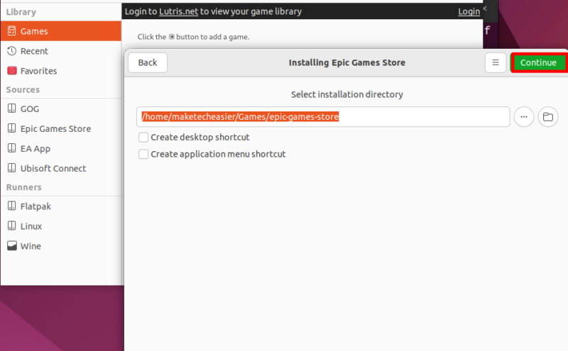 Browse Directory For Installating Epic Games Store