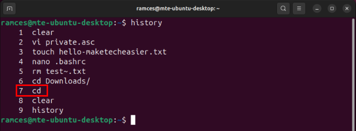 A terminal highlighting the seventh history entry on the current shell session.