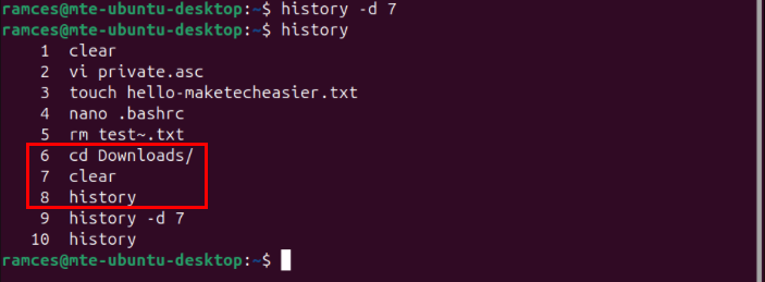 A terminal highlighting the surrounding commands around the deleted seventh history entry.