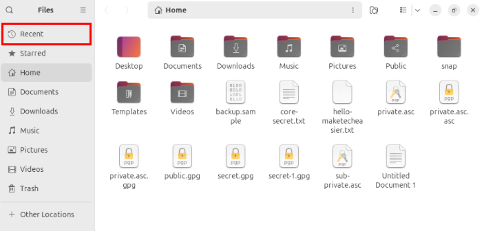 A screenshot highlighting the location of the "Recent" category inside the Nautilus file manager.