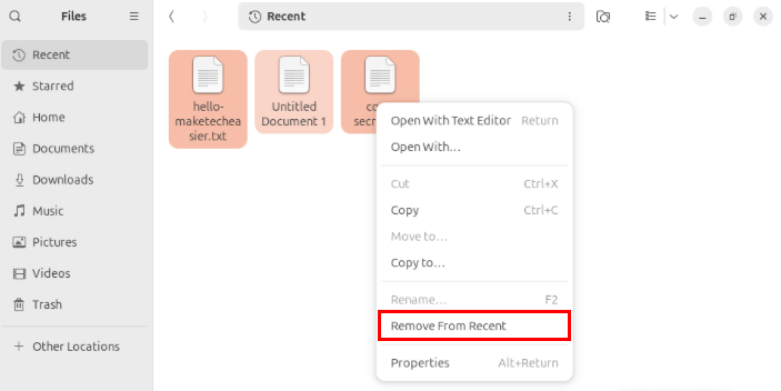 A screenshot highlighting the "Remove From Recent" entry in the Nautilus file manager.