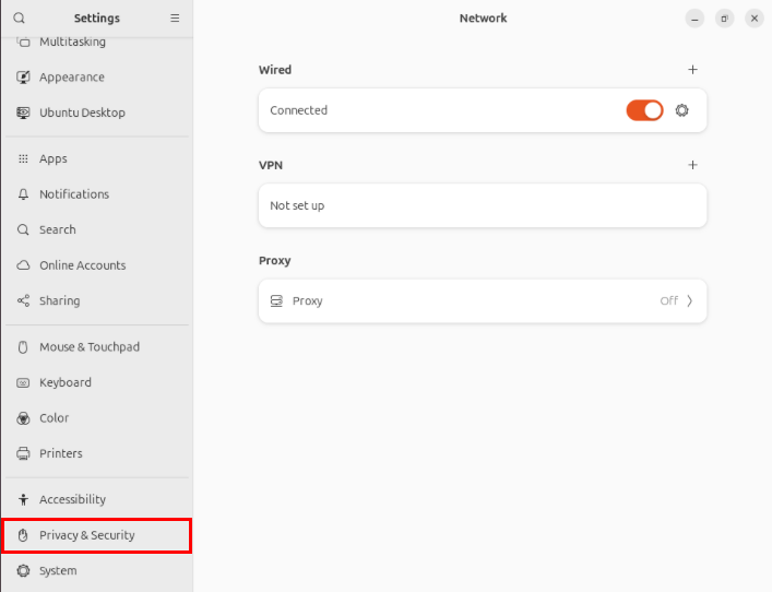 A screenshot highlighting the "Privacy and Security" category inside Ubuntu's system settings.
