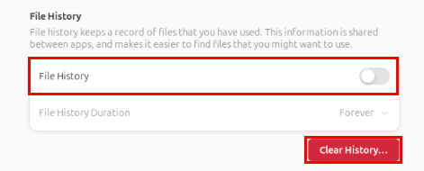A screenshot highlighting the "File History" toggle and the "Clear History" button.