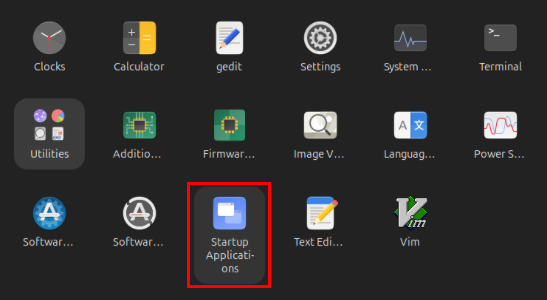 A screenshot highlighting the "Startup Applications" program inside the system's app launcher.