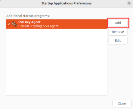 A screenshot highlighting the "Add" button on the Startup Applications window.