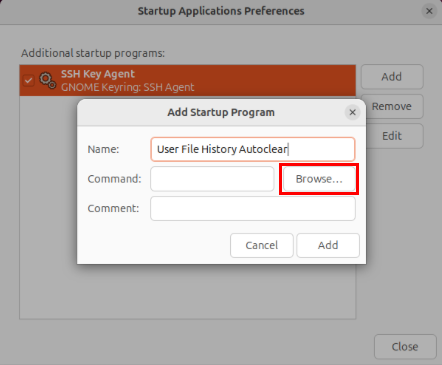 A screenshot highlighting the "Browse..." button on the Startup Applications window.