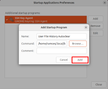 A screenshot highlighting the "Add" button for the new startup script.