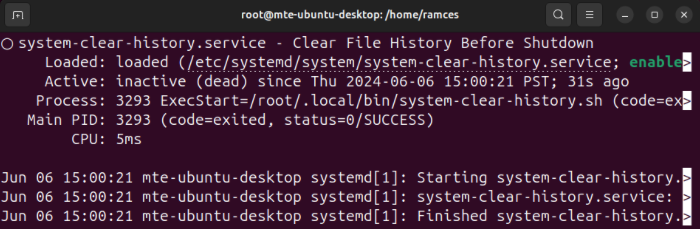 A terminal showing the output of the custom systemd service in systemctl.