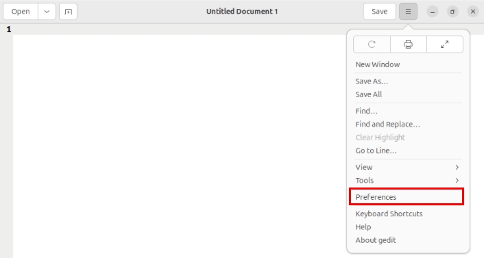 A screenshot highlighting the location of the "Preferences" menu on Gedit.