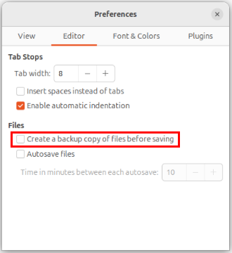 A screenshot highlighting the location of the backup checkbox in Gedit.