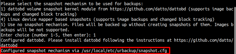 enter option to configure snapshot mechanism of UrBackup Client while Installing