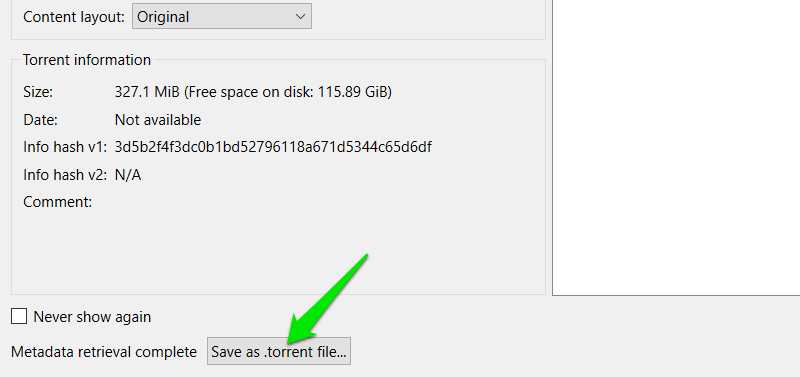 Using qBittorent to convert magnet link to torrent file